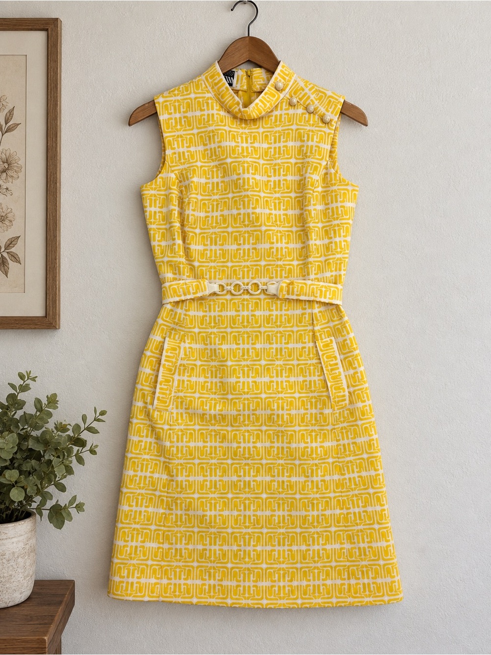 Vintage 1960s/70s Act III Yellow Mod Geometric Belted Dress